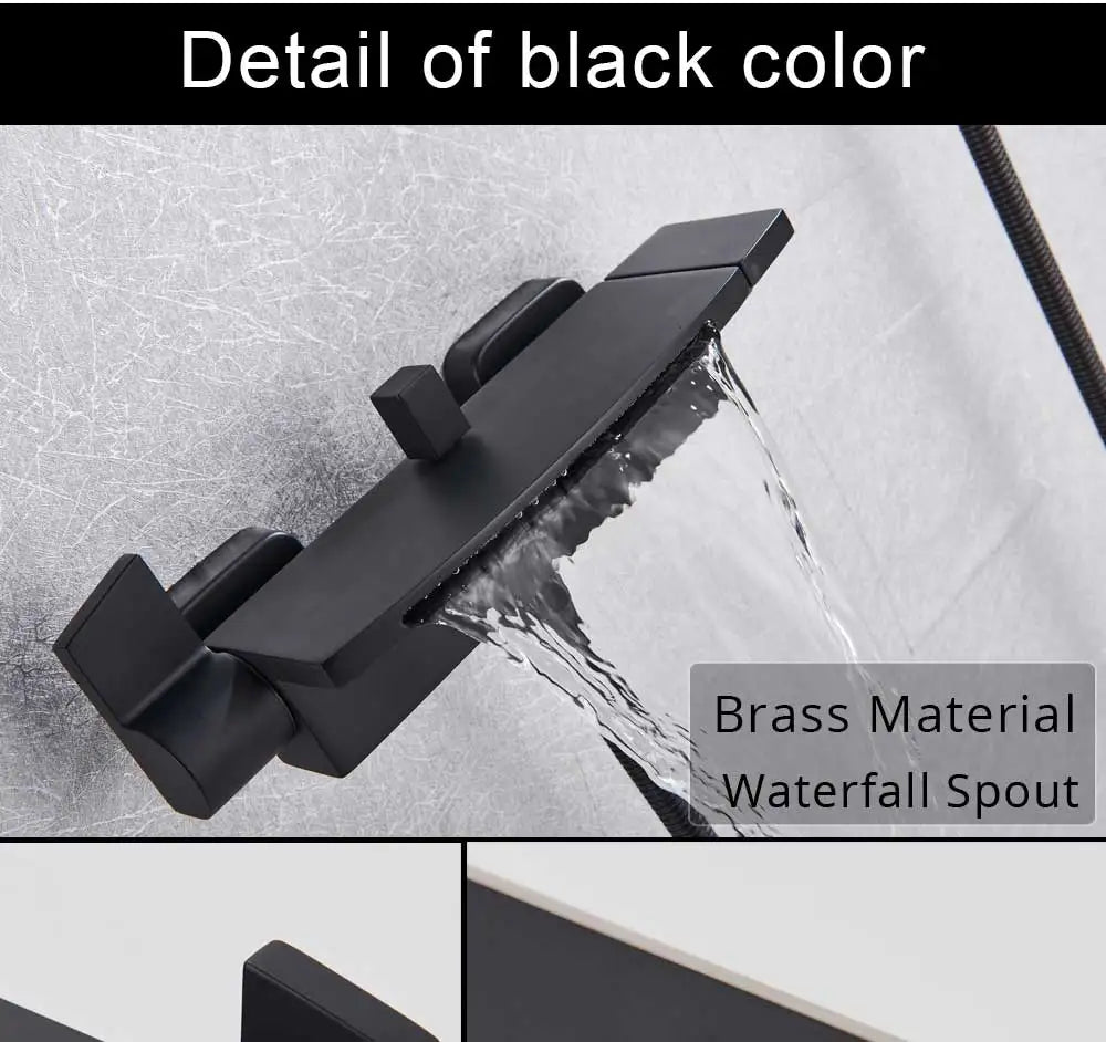 Black Waterfall Shower Faucet Bathroom Wall Mounted Bathtub Shower Faucets Dual Handles Hot Cold Water Mixer Tap with Handshower