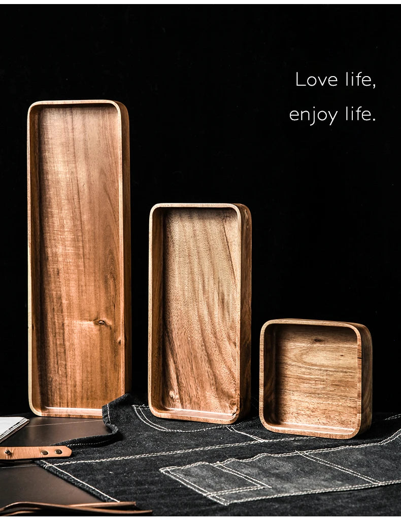 Acacia Wood Serving Tray Saucer Tea Tray Dessert Dinner Plate Tableware Set Japanese Snacks Food Rectangular Plate Storage Dish.