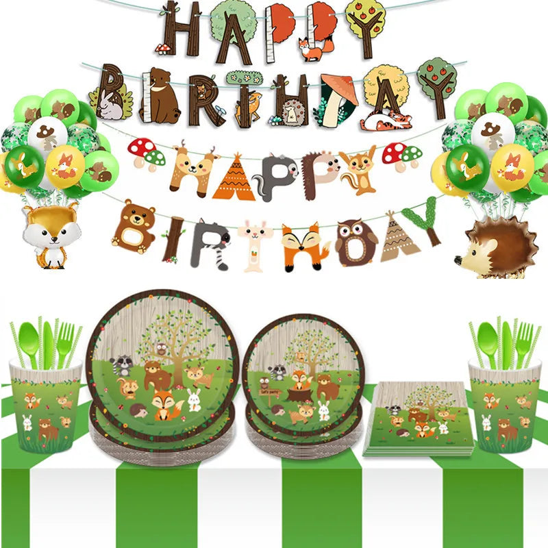 Dschungel Thema Partei Dekor Versorgung Einweg Geschirr Set Wald Tier Fuchs Hedgehog Ballon Baby Dusche Kid Geburtstag Kuchen Topper.