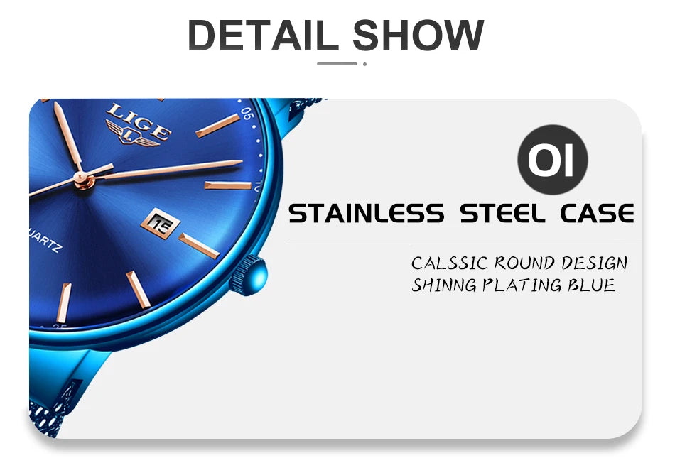 LIGE Fashion Luxury Womens Watch Ultra-thin Steel Mesh Strap Quartz Wristwatch Women Clock Casual Waterproof Watches Reloj Mujer.