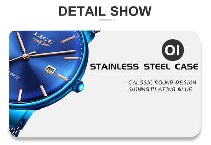 LIGE Fashion Luxury Womens Watch Ultra-thin Steel Mesh Strap Quartz Wristwatch Women Clock Casual Waterproof Watches Reloj Mujer.