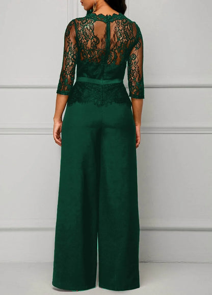 Elegant Sexy Jumpsuits Women Long Sleeve Lace Patchwork Jumpsuit Loose Trousers Wide Leg Pants Rompers Holiday Black Overalls.