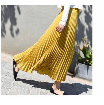 Classical Women Pleated Skirt 90cm/80cm Long Female Elastic Waist Skirt Big Size Velvet Pleated Skirt for Winter Ankle-Length