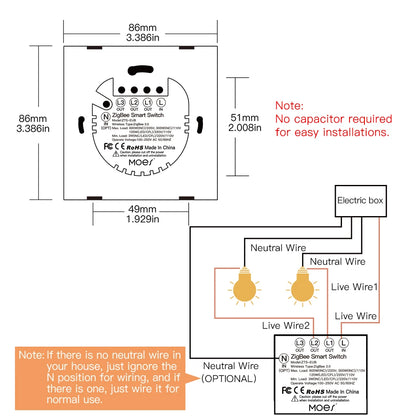 MOES Smart Lichtschalter Tuya ZigBee Kein Neutralleiter Kein Kondensator erforderlich Smart Life 2/3-Wege Funktioniert mit Alexa Google Home 2mqtt