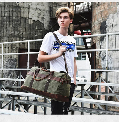 Wasserdichte gewachste Canvas Leder Herren Reisetasche Handgepäcktasche Handgepäck Große Tragetasche Vintage Herren Duffle Wochenendtasche große Übernachtung