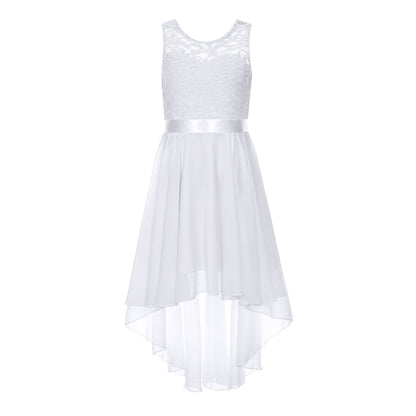 Blumenmädchen-Chiffonkleid mit floraler Spitze, Sommer, ärmellos, hoher, niedriger Saum, formelles Hochzeitskleid für Brautjungfer, Junior, Prinzessin