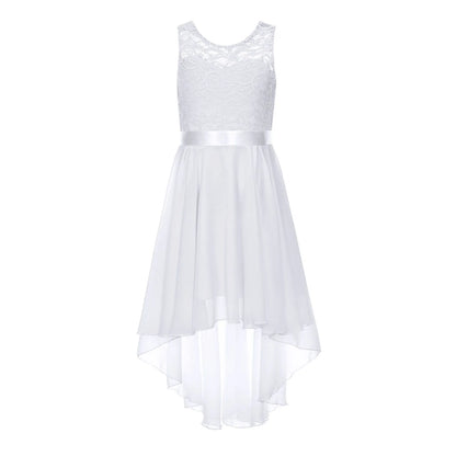 Blumenmädchen-Chiffonkleid mit floraler Spitze, Sommer, ärmellos, hoher, niedriger Saum, formelles Hochzeitskleid für Brautjungfer, Junior, Prinzessin