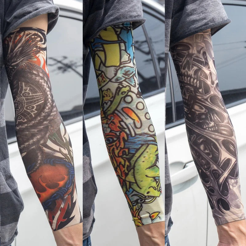 3PCS/lot new mixed 100%Nylon elastic Fake temporary tattoo sleeve skull wolf totem dragon designs body Arm stockings cool men.