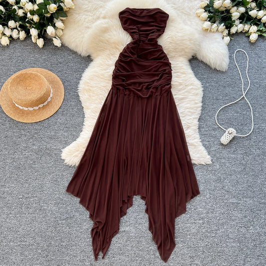 Summer Strapless Asymmetric Tunic Pleated Midi Dress For Women Sleeveless Empire Mesh Dress