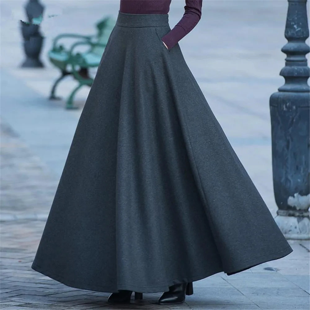 FairyShely 2025 Autumn Winter Retro High Waist Pleated Skirt Women Casual Pocket Woolen Maxi Skirt female Flare Red Long skirt.