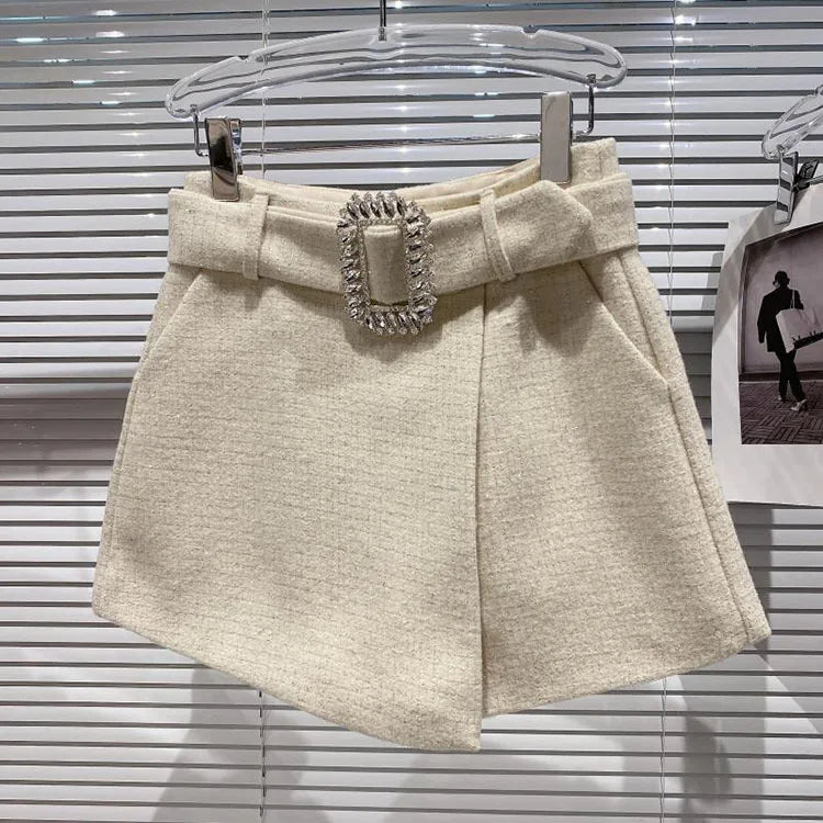 2022 Spring Autumn New shiny sequins Plaid Shorts with Belt for Lady Rhinestone Bright Silk Tweed Folding Short Boots Women.