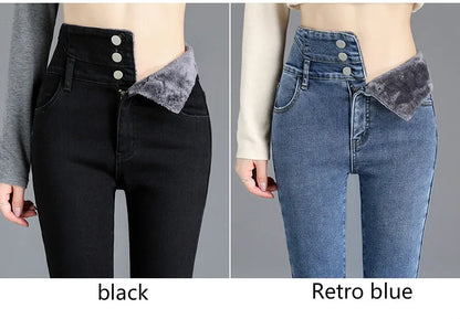 Thermische Winter Dicke Fleece High-taille Warme Dünne Jeans Dicke Frauen Stretch Taste Bleistift Hosen Mom Casual Samt Jeans