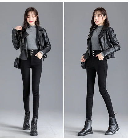 Thermische Winter Dicke Fleece High-taille Warme Dünne Jeans Dicke Frauen Stretch Taste Bleistift Hosen Mom Casual Samt Jeans
