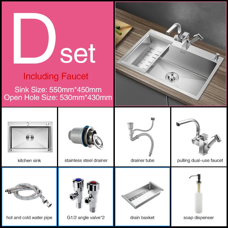 Kitchen sink lead-free austenitic handmade brushed 304 stainless steel 3mm thickness single bowl kitchen sink