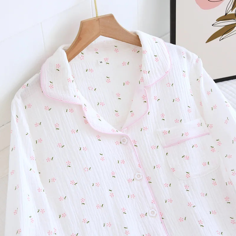 Fdfklak Spring Fall Full Sleeve Homewear Loose 2Pcs Pajama Set 100% Gauze Cotton Casual Print Sleeping Shirt Home Wear Clothes.