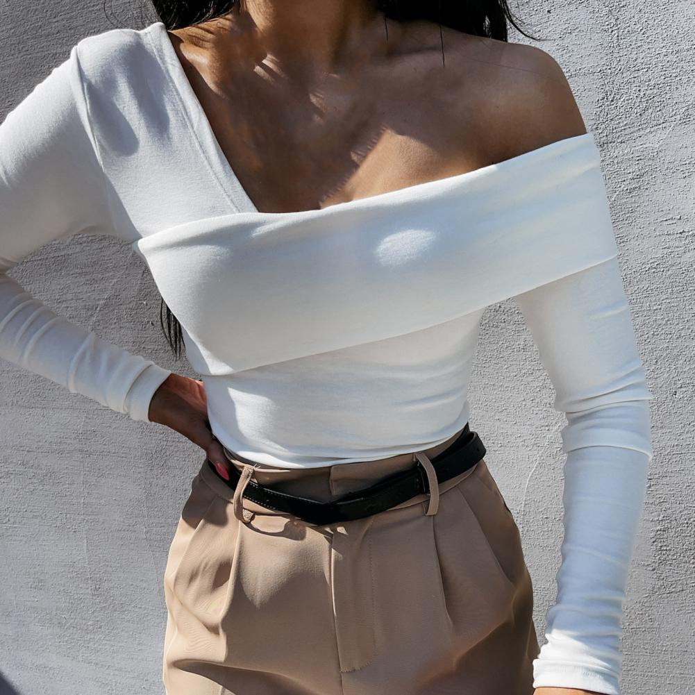 Women Autumn Winter T shirt Off Shoulder Oblique Neck Strapless Backless Long Sleeve Solid Color Ladies Slim Shirt femme.