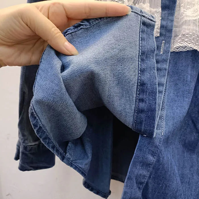 CS0582 New 2025 European Spring Fashion Lace Beading Patch Vintage Jeans Blouse Long Sleeve Denim Women's Shirt Tops Wholesale.