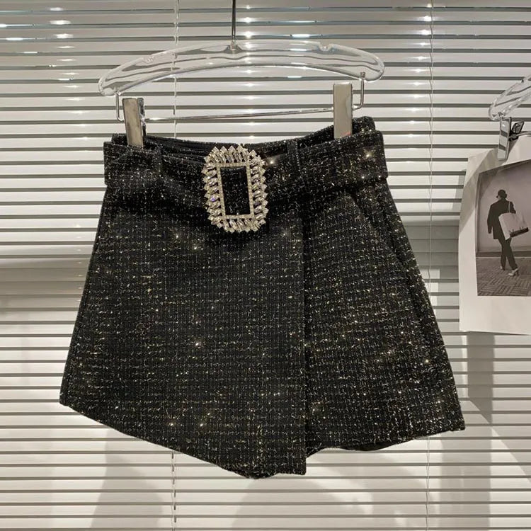 2022 Spring Autumn New shiny sequins Plaid Shorts with Belt for Lady Rhinestone Bright Silk Tweed Folding Short Boots Women