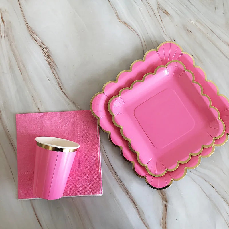 40pcs/set Yellow Green Pink Blue Paper Plates Cups Disposable Tableware Set for Wedding Birthday Party Baby Shower Supplies.