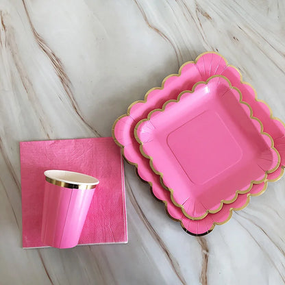 40pcs/set Yellow Green Pink Blue Paper Plates Cups Disposable Tableware Set for Wedding Birthday Party Baby Shower Supplies.