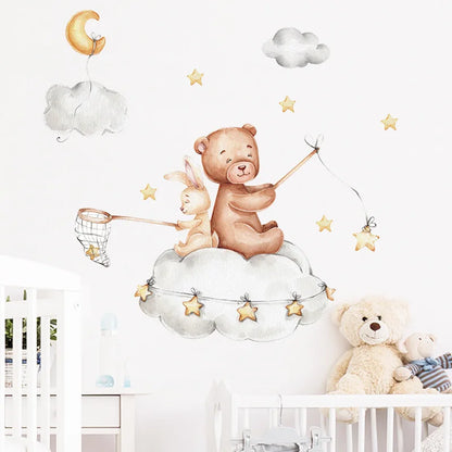 Cute Bear Moon Star Wall Stickers for Kids Rooms Girls Boys Baby Room Decoration Kawaii Cartoon Animal Nursery Wallpaper Vinyl