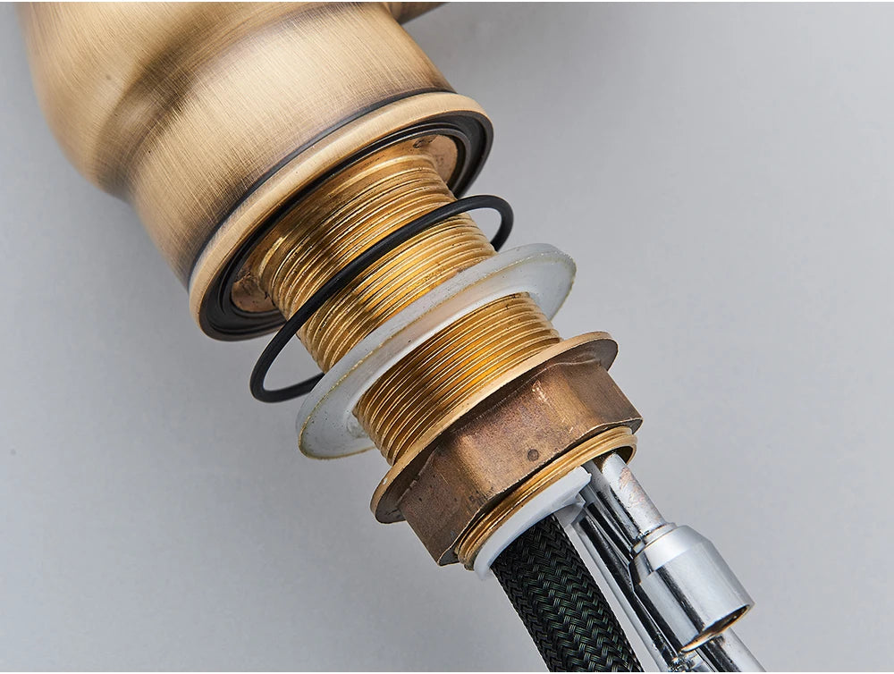 POIQIHY Antique Brass Kitchen Faucet Pull Out Bathroom Kitchen Mixers Single Handle Pull Down Cold Hot Water Tap Deck Mounted