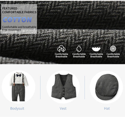 Newborn Boy Formal Clothes Set Infant Boy Gentleman Birthday Romper Outfit With Hat Vest Long Sleeve Infant Jumpsuit Suit Formal.