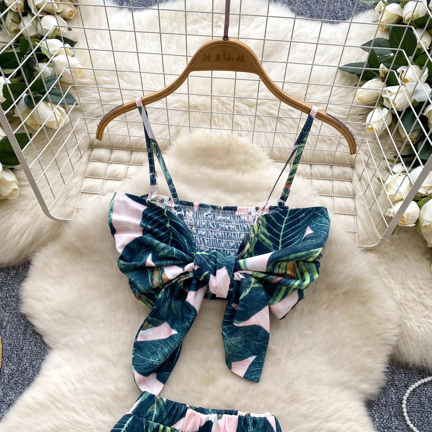 Summer Women's Casual Sets Bandage Top And High Waist Printed Shorts Set American Clothing Wholesale.