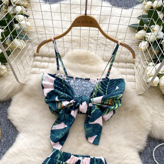 Summer Women's Casual Sets Bandage Top And High Waist Printed Shorts Set American Clothing Wholesale.