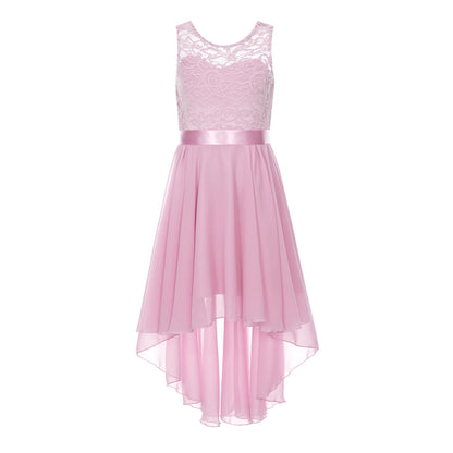 Blumenmädchen-Chiffonkleid mit floraler Spitze, Sommer, ärmellos, hoher, niedriger Saum, formelles Hochzeitskleid für Brautjungfer, Junior, Prinzessin