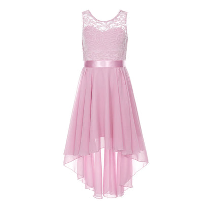 Blumenmädchen-Chiffonkleid mit floraler Spitze, Sommer, ärmellos, hoher, niedriger Saum, formelles Hochzeitskleid für Brautjungfer, Junior, Prinzessin