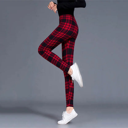 CUHAKCI Mode Plaid Druck Leggings Frauen Sexy Fitness Leggins Grid Floral Streifen Hosen Hohe Taille Bleistift Hosen