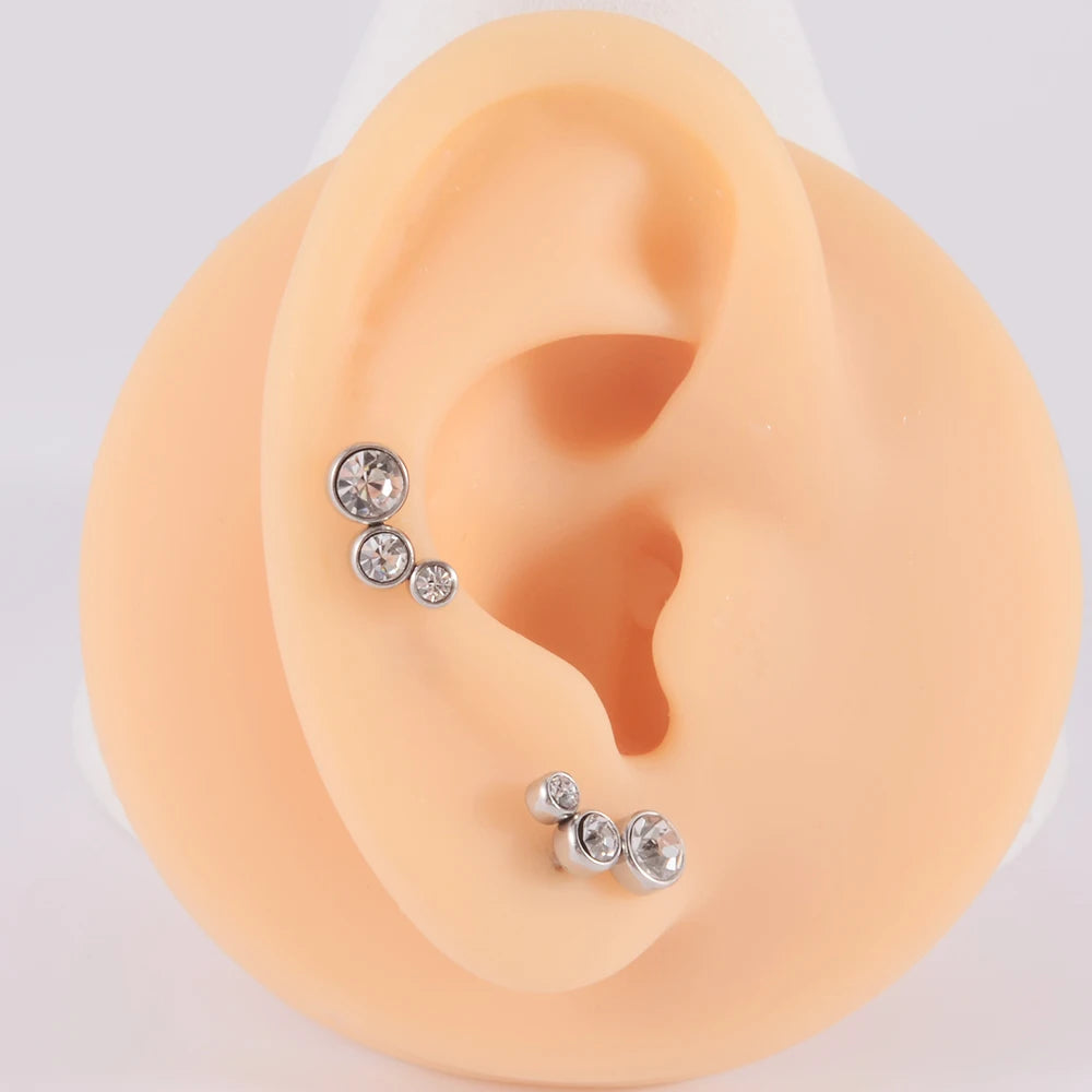2PCS 361 Surgical Steel Crystal  Ear Tragus Cartilage Earrings 16G Three Zircon Lobe Helix Daith Earring Piercing Body Jewelry.
