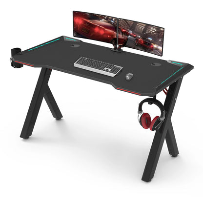 Gaming Schreibtisch PC Computer Gamer Schreibtisch Ergonomische Workstation mit RGB Led-leuchten Kopfhörer Haken Tasse Halter für Home Büros