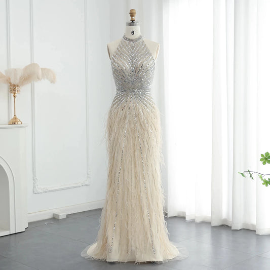 Luxury Beaded Feathers Mermaid Silver Gray Evening Dress Halter Backless Blue Beige Arabic Formal Party Gown SZ006