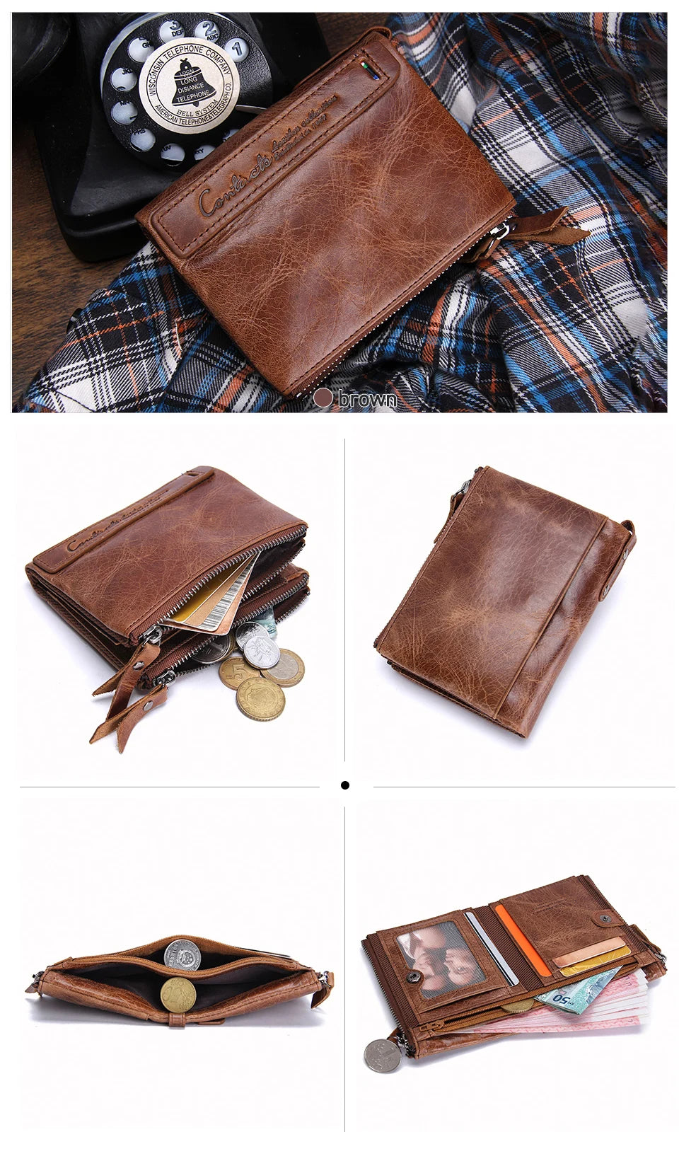 Fashion Genuine Leather Women Wallet Bi-fold Wallets Red ID Card Holder Coin Purse With Double Zipper Small Women's Purse 2022