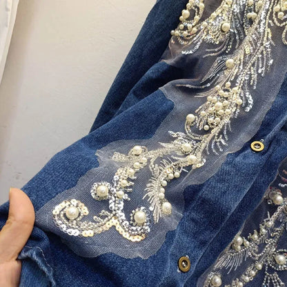 CS0582 New 2025 European Spring Fashion Lace Beading Patch Vintage Jeans Blouse Long Sleeve Denim Women's Shirt Tops Wholesale.