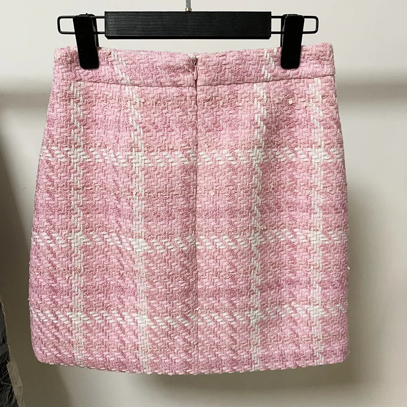 HIGH STREET Newest Fashion 2025 Designer Pink Skirts Women's Sweet Wool Blends Colors Woven Plaid Tweed Skirt.