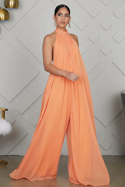 Women Fashion New Loose Sleeveless Solid Color Halter Sexy Backless Wide Leg Long Pants Lady Siamese Trousers Casual Jumpsuit