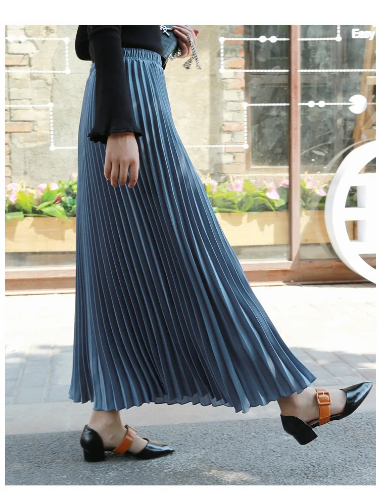 Classical Women Pleated Skirt 90cm/80cm Long Female Elastic Waist Skirt Big Size Velvet Pleated Skirt for Winter Ankle-Length
