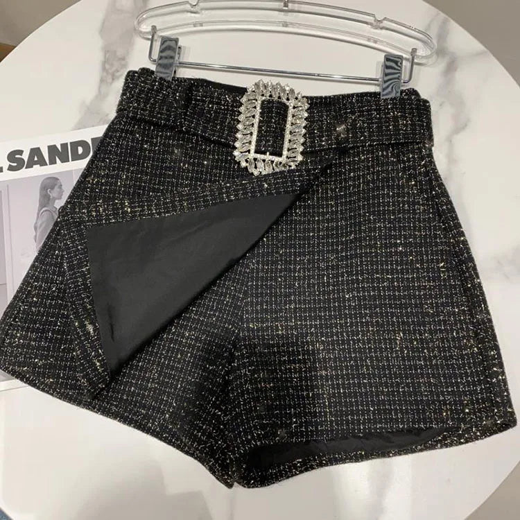 2022 Spring Autumn New shiny sequins Plaid Shorts with Belt for Lady Rhinestone Bright Silk Tweed Folding Short Boots Women