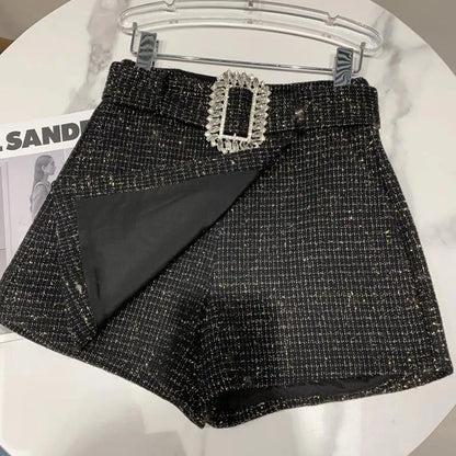 2022 Spring Autumn New shiny sequins Plaid Shorts with Belt for Lady Rhinestone Bright Silk Tweed Folding Short Boots Women
