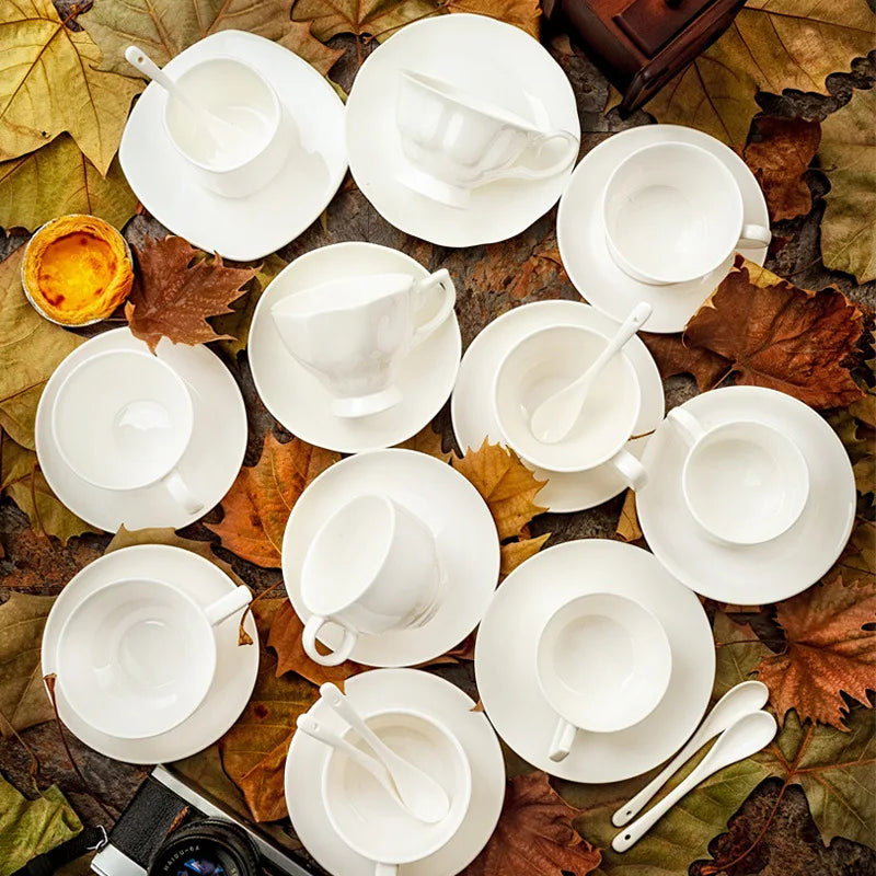 Pure White Bone China Coffee Cup Ceramic Simple Nordic Latte Cups Creative Fancy Afternoon Tea Cafe Coffee Cup and Saucer Spoon.