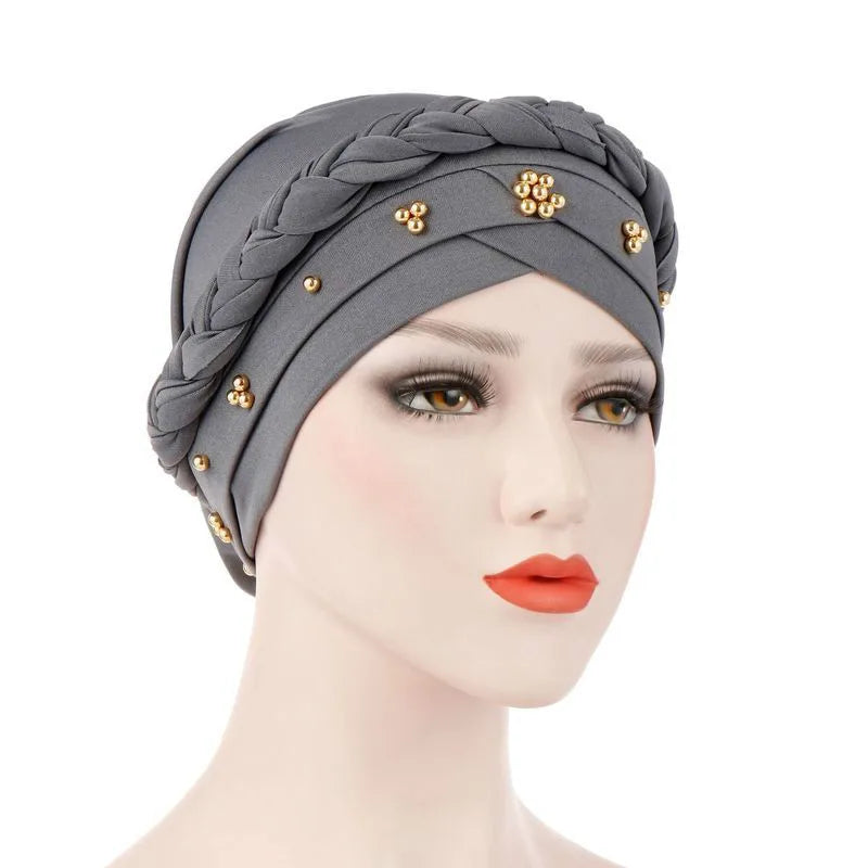 KepaHoo Women Hair Care Islamic Jersey Head Scarf Milk Silk Muslim Hijab Beads Braid Wrap Stretch Turban Hat Chemo Cap Head Wrap.