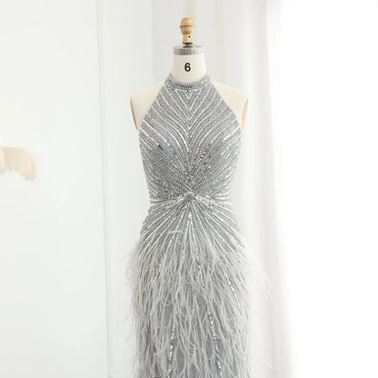 Luxury Beaded Feathers Mermaid Silver Gray Evening Dress Halter Backless Blue Beige Arabic Formal Party Gown SZ006