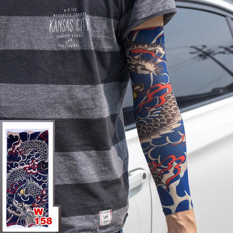 1pc hot sale tattoo sleeve  styles elastic Fake 100%nylon Arm stocking beloved girl Buddha Wolf Dragon design halloween cool men.