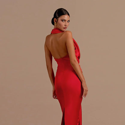 Sexy Swinging Collar Backless Pleated Long Dress Women Red Stain Sleeveless Draped Design Long Dress Club Party Women Maxi Dress
