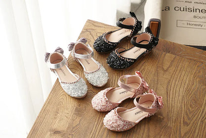 New Kids Leather Shoes Girls Wedding Shoes Children Princess Sandals Sequins Bow Girls Casual Dance Shoes Flat Sandals E462.
