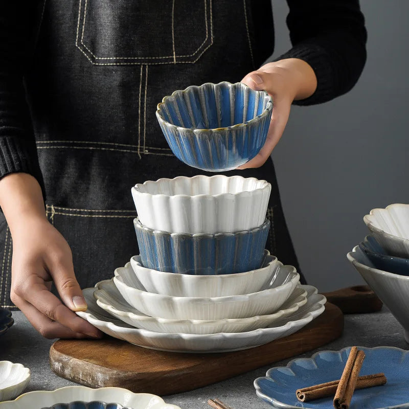 1pc Japanese Dinnerware Ceramic White Blue Dinner Plate Serving Dishes Rice Ramekin Sauce Bowl Microwave Safe.