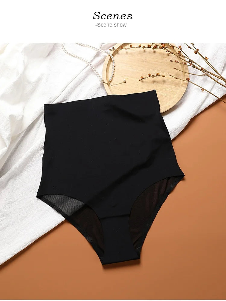 European American Plus Size Women's High Waist Ice Silk Trousers Firm Nylon Briefs Traceless Lace Stitching Thin Body Shaping.